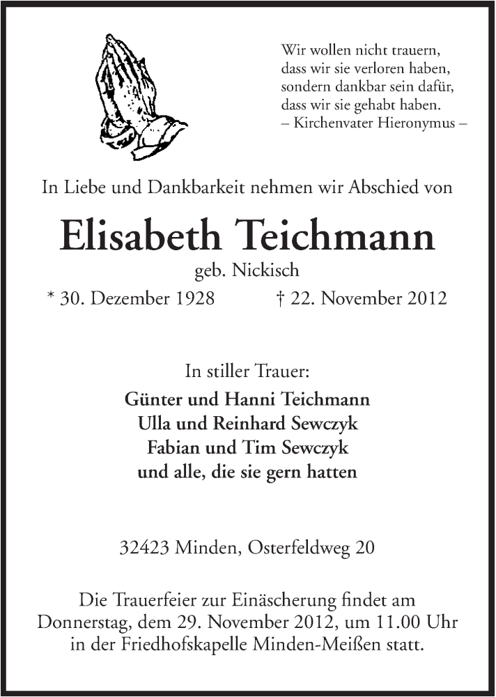 Traueranzeigen Von Elisabeth Teichmann Trauer MT De