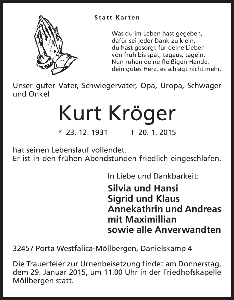 Traueranzeigen von Kurt Kröger Trauer MT de