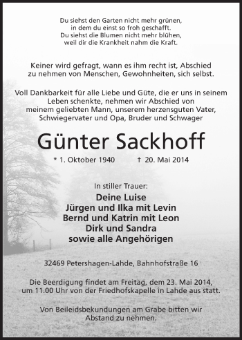 Anzeige von Günter Sackhoff von Mindener Tageblatt