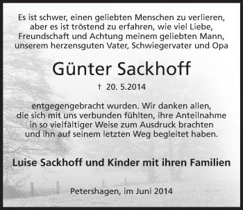Anzeige von Günter Sackhoff von Mindener Tageblatt