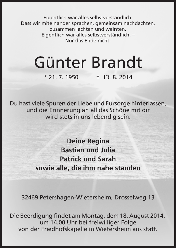 Traueranzeigen Von G Nter Brandt Trauer Mt De