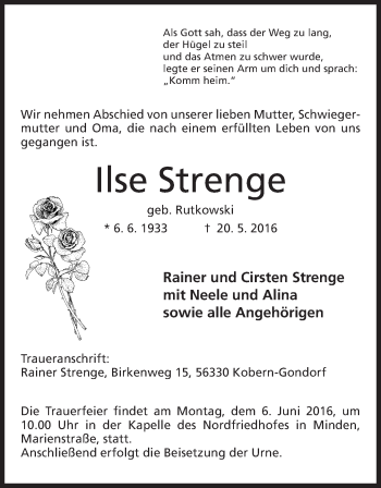 Anzeige von Inge Strenge von Mindener Tageblatt