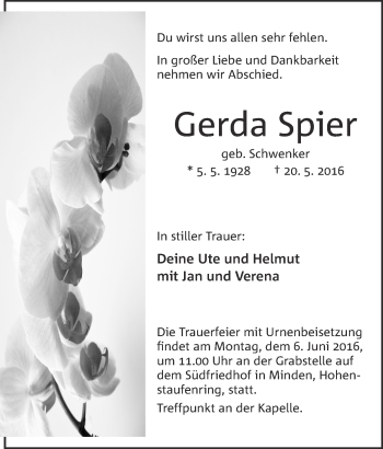 Anzeige von Gerda Spier von Mindener Tageblatt