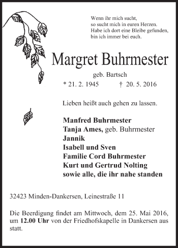 Anzeige von Margret Buhrmester von Mindener Tageblatt