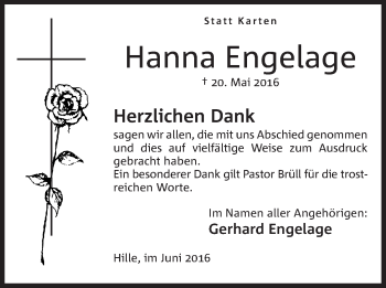 Anzeige von Hanna Engelage von Mindener Tageblatt
