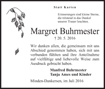 Anzeige von Margret Buhrmester von Mindener Tageblatt