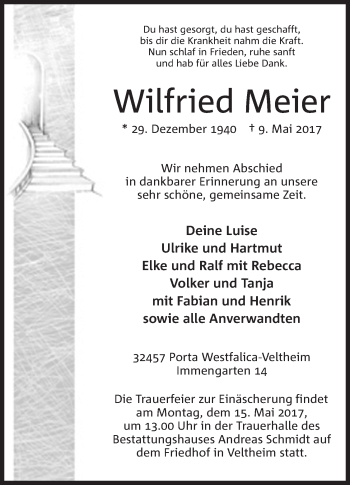 Anzeige von Wilfried Meier von Mindener Tageblatt