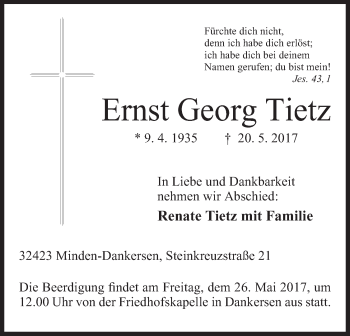 Anzeige von Ernst Georg Tietz von Mindener Tageblatt