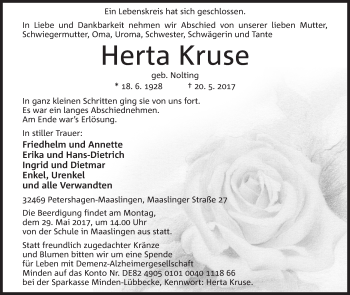 Anzeige von Herta Kruse von Mindener Tageblatt