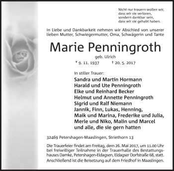 Anzeige von Marie Penningroth von Mindener Tageblatt