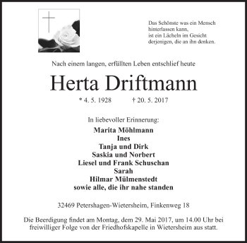 Anzeige von Herta Driftmann von Mindener Tageblatt