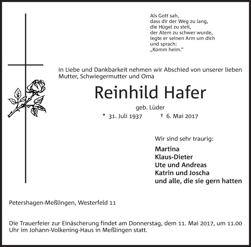 Traueranzeigen Von Reinhild Hafer Trauer MT De