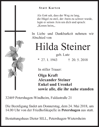 Anzeige von Hilda Steiner von Mindener Tageblatt