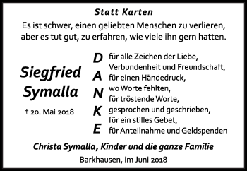 Anzeige von Siegfried Symalla von Mindener Tageblatt