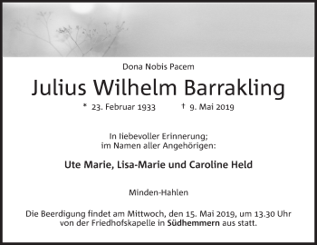 Anzeige von Julius Wilhelm Barrakling von Mindener Tageblatt