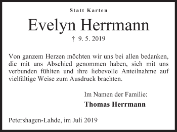 Anzeige von Evelyn Herrmann von Mindener Tageblatt