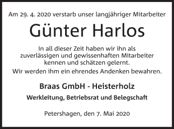 Traueranzeigen von Günter Harlos Trauer MT de