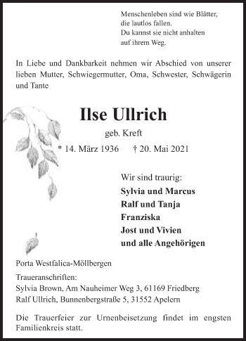 Anzeige von Ilse Ullrich von Mindener Tageblatt