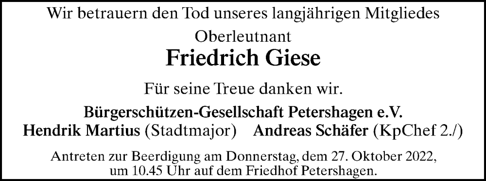 Traueranzeigen Von Friedrich Giese Trauer MT De