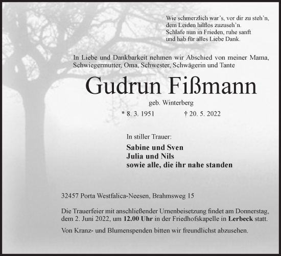Anzeige von Gudrun Fißmann von Mindener Tageblatt