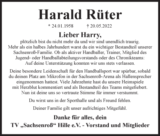 Anzeige von Harald Rüter von Mindener Tageblatt