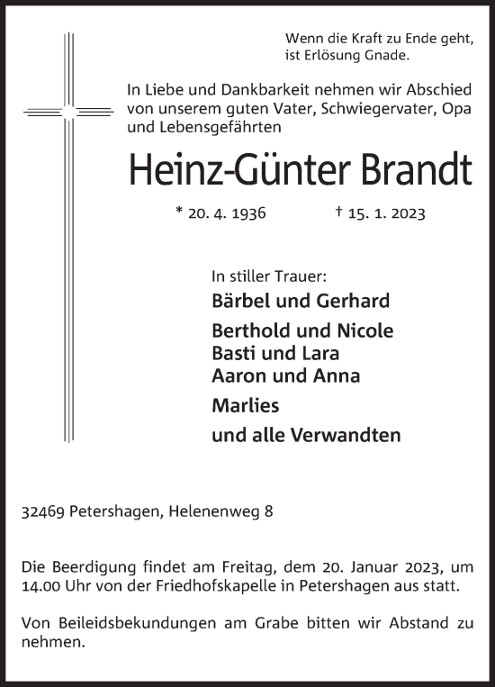 Traueranzeigen von Heinz Günter Brandt Trauer MT de