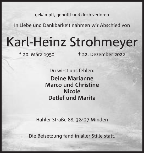 Traueranzeigen Von Karl Heinz Strohmeyer Trauer Mt De