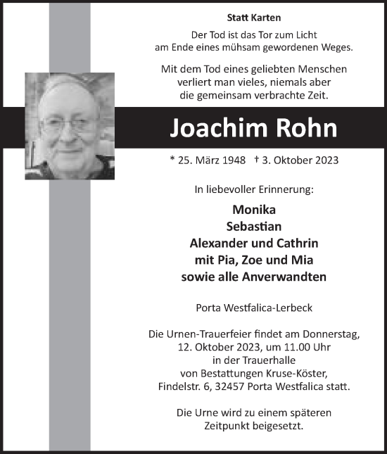 Traueranzeigen Von Joachim Rohn Trauer MT De