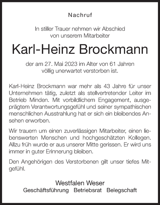 Traueranzeigen Von Karl Heinz Brockmann Trauer MT De