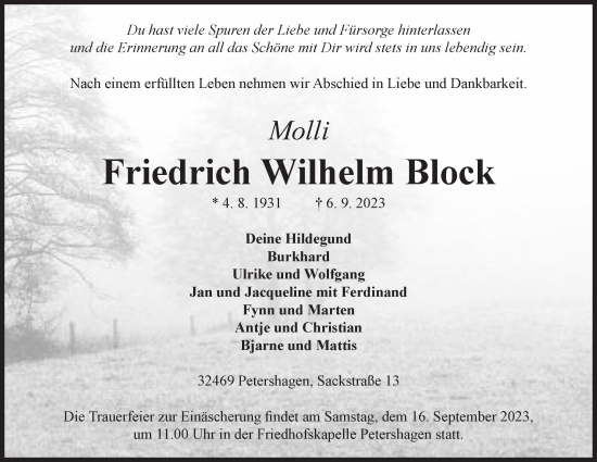 Traueranzeigen Von Friedrich Wilhelm Block Trauer MT De