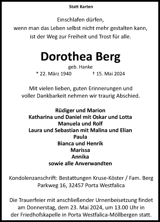 Anzeige von Dorothea Berg von 4401