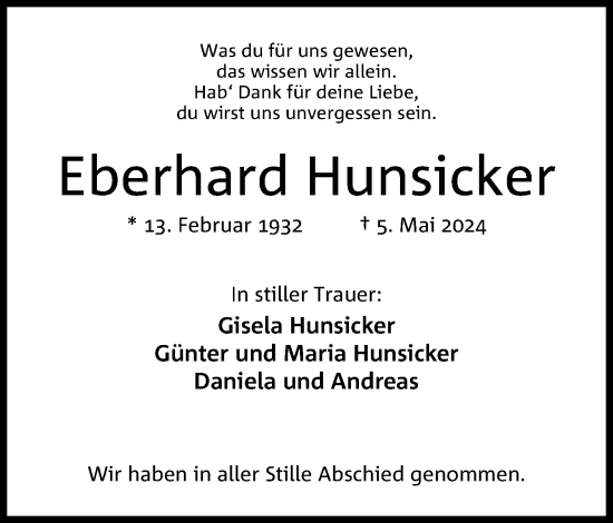 Anzeige von Eberhard Hunsicker von 4401