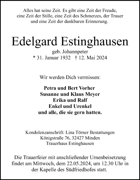 Anzeige von Edelgard Estinghausen von 4401
