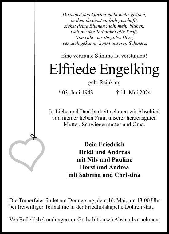 Anzeige von Elfriede Engelking von 4401