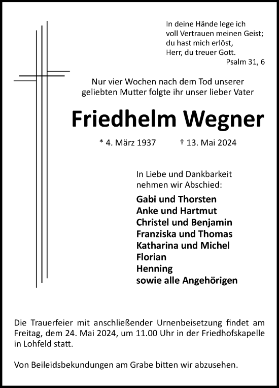 Anzeige von Friedhelm Wegner von 4401