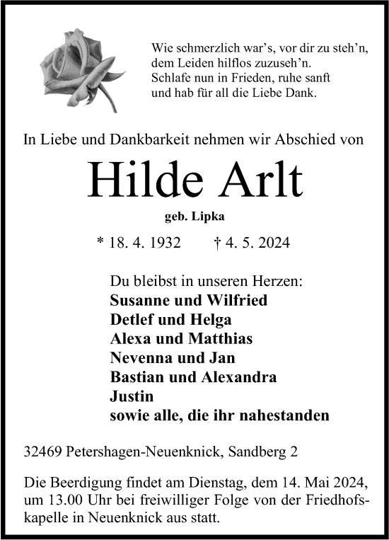 Anzeige von Hilde Arlt von 4401
