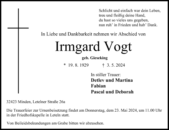 Anzeige von Irmgard Vogt von 4401