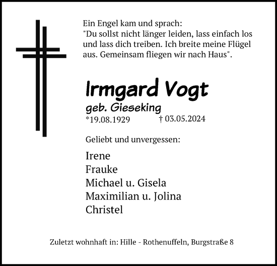 Anzeige von Irmgard Vogt von 4401