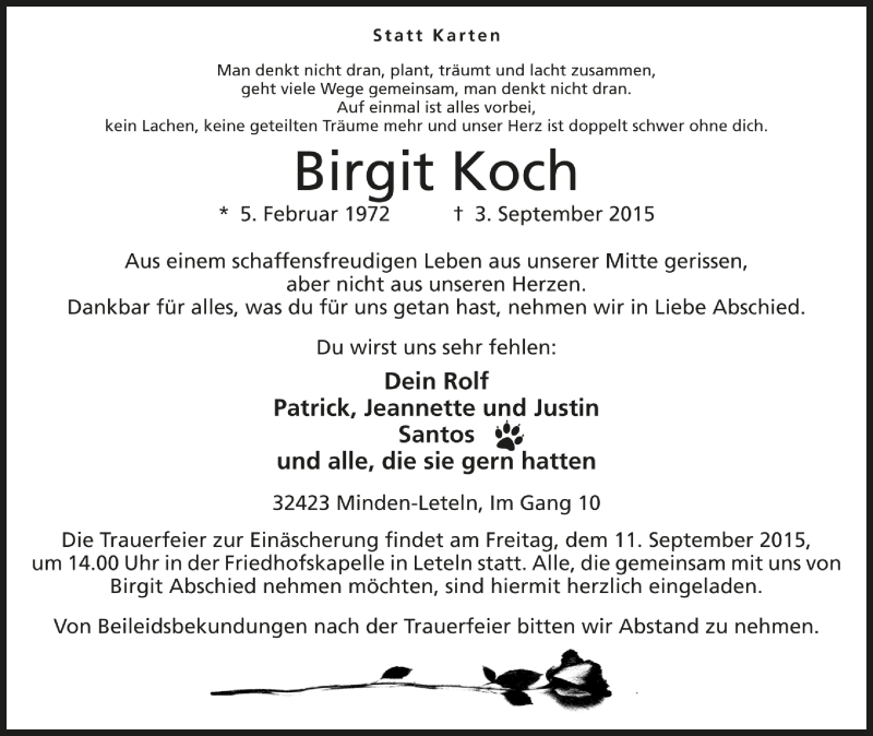  Traueranzeige für Birgit Koch vom 09.09.2015 aus Minden