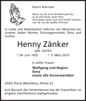 Anzeige von Henny Zänker von Mindener Tageblatt