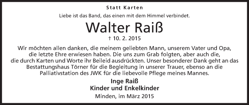  Traueranzeige für Walter Raiß vom 14.03.2015 aus Mindener Tageblatt
