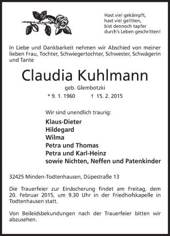 Anzeige von Claudia Kuhlmann von Mindener Tageblatt
