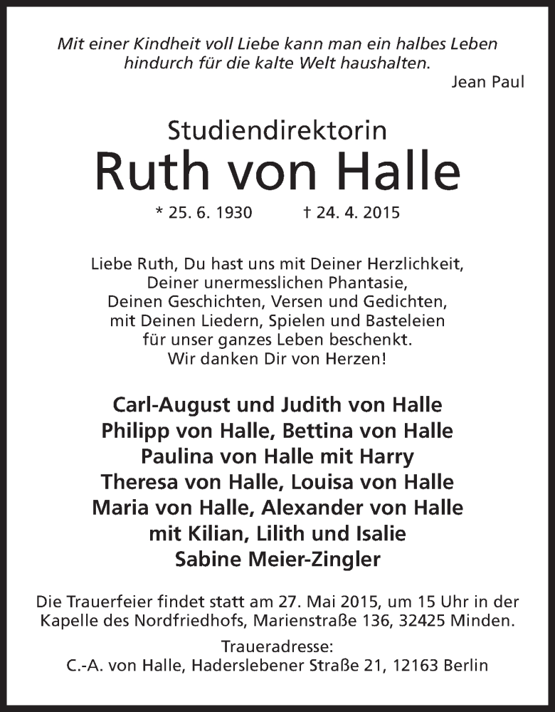  Traueranzeige für Ruth von Halle vom 16.05.2015 aus Mindener Tageblatt