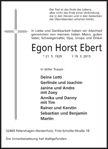 Anzeige von Egon Horst Ebert von Mindener Tageblatt