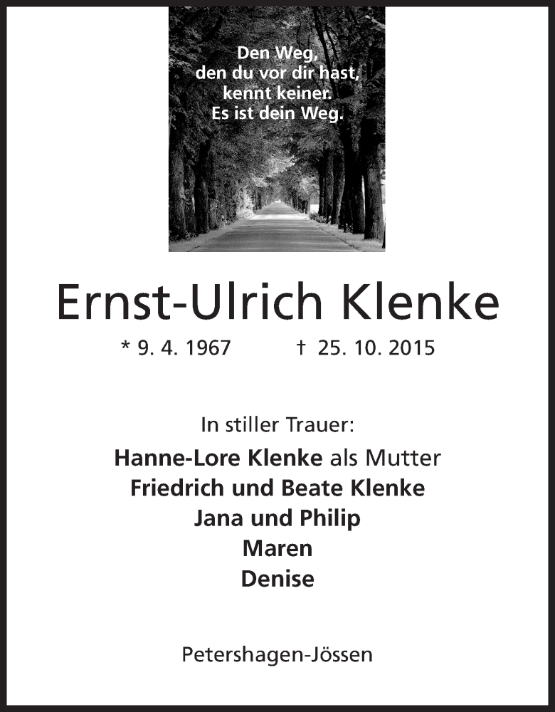  Traueranzeige für Ernst-Ulrich Klenke vom 28.10.2015 aus Mindener Tageblatt