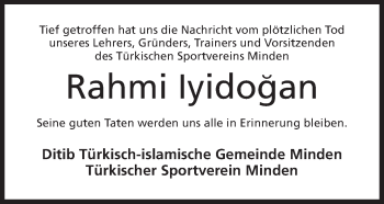 Anzeige von Rahmi Iyidogan von Mindener Tageblatt