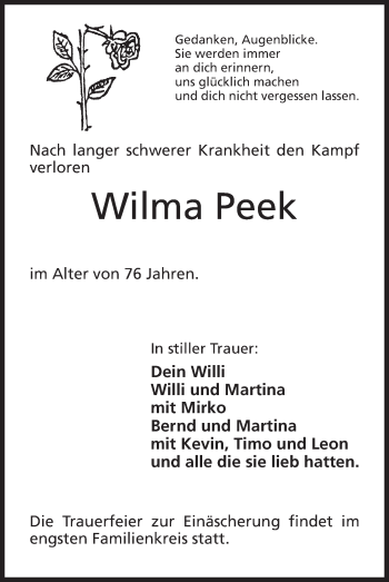 Anzeige von Wilma Peek von Mindener Tageblatt