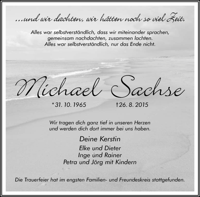  Traueranzeige für Michael Sachse vom 05.09.2015 aus Mindener Tageblatt