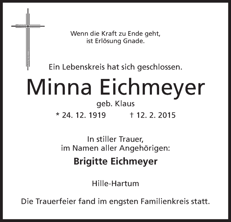  Traueranzeige für Minna Eichmeyer vom 24.02.2015 aus Mindener Tageblatt