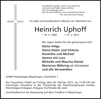 Anzeige von Heinrich Uphoff von Mindener Tageblatt